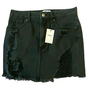 Forever 21 Black Denim Mini Skirt Distressed Raw Hem Size S NWT
